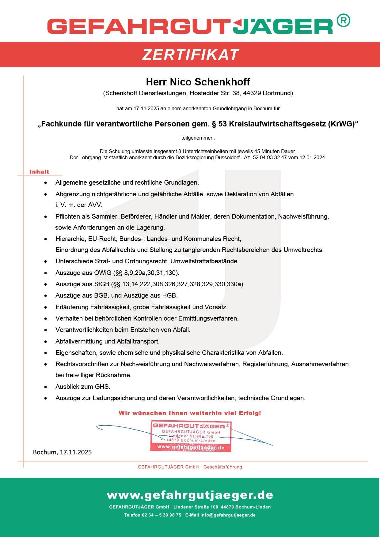 Fachkunde für verantwortliche Personen gem. § 53 Kreislaufwirtschaftsgesetz (KrWG)